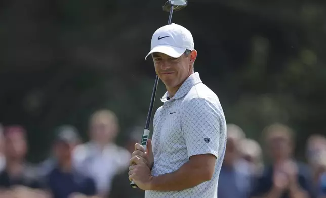 Rory McIlroy of Northern Ireland reacts on the 4th green after putting during the second day of the British Open Golf championships at Royal Birkdale golf club, in Southport, England, Friday, July 17, 2026. (AP Photo/Peter Morrison)