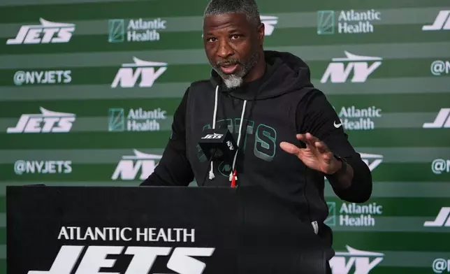 FILE - New York Jets head coach Aaron Glenn speaks at a news conference during rookie minicamp at the NFL football team's practice facilit, May 8, 2026, in Florham Park, N.J. (AP Photo/Frank Franklin II, File)