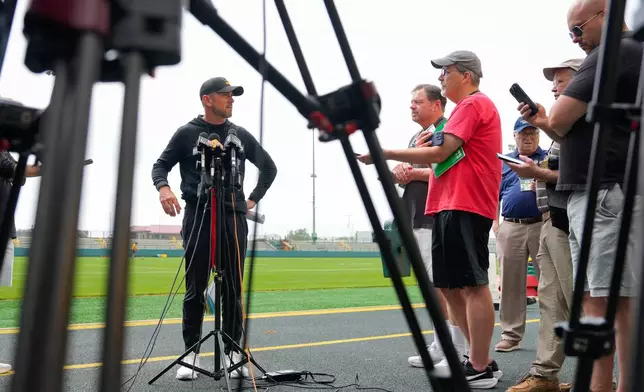 FILE - Green Bay Packers head coach Matt LaFleur speaks to media before NFL football practice, June 9, 2026, in Green Bay, Wis. (AP Photo/Kayla Wolf, File)
