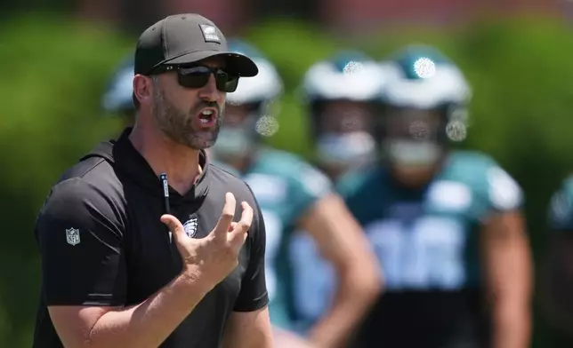 FILE - Philadelphia Eagles head coach Nick Sirianni speaks during practice at the NFL football team's training facility, June 9, 2026, in Philadelphia. (AP Photo/Matt Rourke, File)
