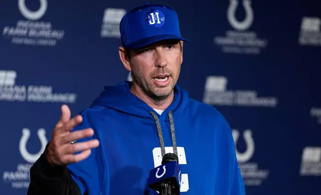 FILE - Indianapolis Colts head coach Shane Steichen speaks before the NFL football team's practice in Indianapolis, June 9, 2026. (AP Photo/Michael Conroy, File)