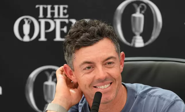 Rory McIlroy of Northern Ireland speaks at a press conference ahead of the British Open Golf championships at Royal Birkdale golf club, in Southport, England, Tuesday, July 14, 2026. (AP Photo/David Goldman)
