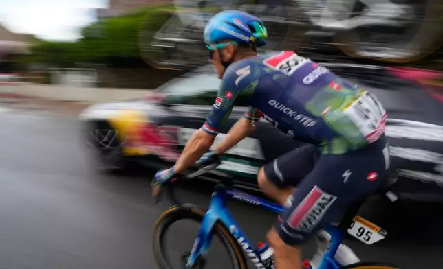 Netherland's Dylan Van Baarle rides during the eleventh stage of the Tour de France cycling race with start in Vichy and finish in Nevers, France, Wednesday, July 15, 2026. (AP Photo/Mosa'ab Elshamy)