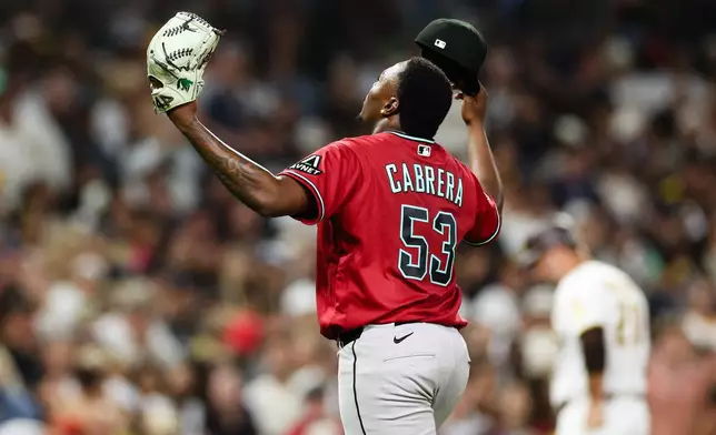 Arizona Diamondbacks' Jose Cabrera reacts after being relieved in the fifth inning of a baseball game against the San Diego Padres Wednesday, July 8, 2026, in San Diego. (AP Photo/Derrick Tuskan)