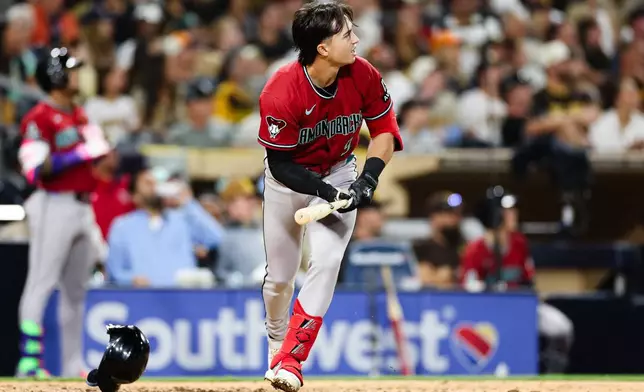 Arizona Diamondbacks' Tommy Troy watches his solo home run against the San Diego Padres in the seventh inning of a baseball game Wednesday, July 8, 2026, in San Diego. (AP Photo/Derrick Tuskan)