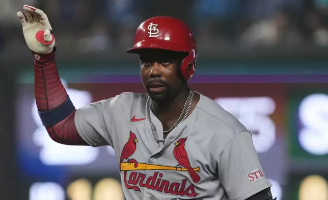 St. Louis Cardinals' Jordan Walker gestures after hitting a double against the Chicago Cubs during the eighth inning of a baseball game Saturday, July 4, 2026, in Chicago. (AP Photo/David Banks)