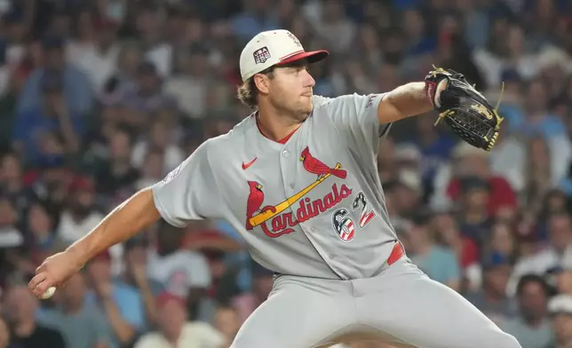 St. Louis Cardinals pitcher Kyle Leahy throws against the Chicago Cubs during the first inning of a baseball game Saturday, July 4, 2026, in Chicago. (AP Photo/David Banks)