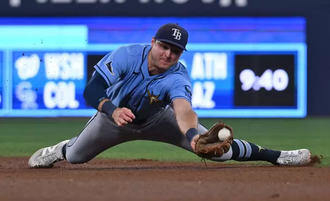 Tampa Bay Rays second baseman Ben Williamson catches a line drive off the bat of Toronto Blue Jays' Daulton Varsho for the out during the fourth inning of a baseball game in Toronto on Tuesday, July 21, 2026. (Jon Blacker/The Canadian Press via AP)