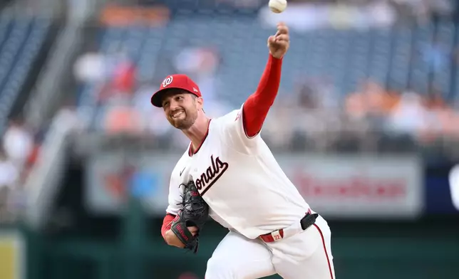 Washington Nationals pitcher Foster Griffin throws during the third inning of a baseball game against the Houston Astros, Wednesday, July 8, 2026, in Washington. (AP Photo/Nick Wass)