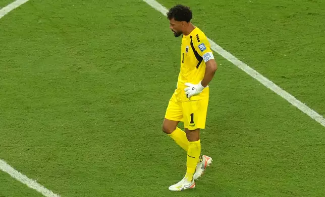 Cape Verde goalkeeper Vozinha (1) reacts after allowing a goal during the World Cup round of 32 soccer match between Argentina and Cape Verde in Miami Gardens, Fla., Friday, July 3, 2026. (AP Photo/Marta Lavandier)
