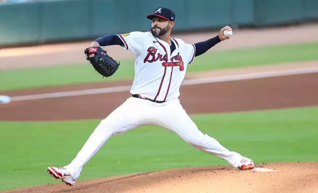 Atlanta Braves pitcher Martín Pérez delivers in the first inning of a baseball game against the San Diego Padres, Wednesday, July 22, 2026, in Atlanta. (AP Photo/Colin Hubbard)