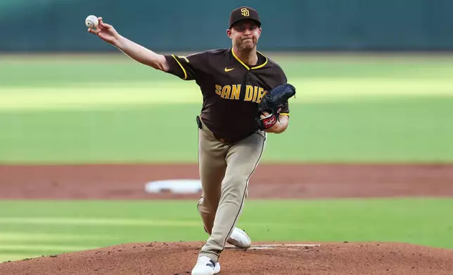San Diego Padres pitcher Michael King delivers in the first inning of a baseball game against the Atlanta Braves, Wednesday, July 22, 2026, in Atlanta. (AP Photo/Colin Hubbard)