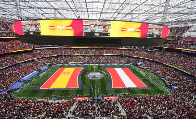 General view during the pre game ceremony prior to the World Cup round of 32 soccer match between Spain and Austria in Inglewood, Calif., near Los Angeles, Thursday, July 2, 2026. (AP Photo/Marcio J. Sanchez)