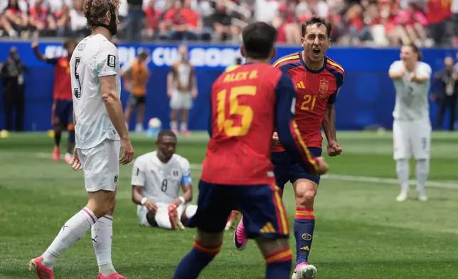 Spain's Mikel Oyarzabal (21) celebrates after scoring his side's opening goal during the World Cup round of 32 soccer match between Spain and Austria in Inglewood, Calif., near Los Angeles, Thursday, July 2, 2026. (AP Photo/Jae C. Hong)