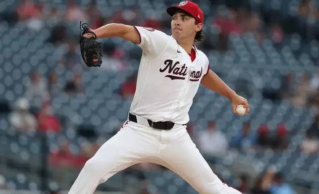 Washington Nationals pitcher Andrew Alvarez throws during the second inning of a baseball game against the Houston Astros, Tuesday, July 7, 2026, in Washington. (AP Photo/Terrance Williams)