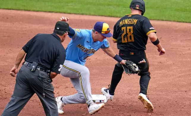 Pittsburgh Pirates' Jake Mangum (28) is tagged out by Milwaukee Brewers shortstop Cooper Pratt, center, with umpire Alfonso Marquez watching during the third inning of the first game of a baseball double header in Pittsburgh, Saturday, July 11, 2026. (AP Photo/Gene J. Puskar)