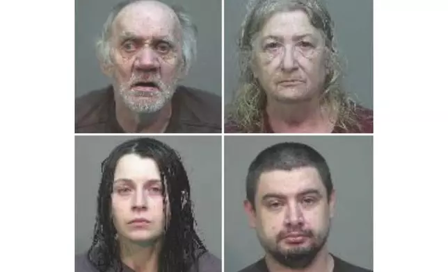 This combination of undated booking photos provided by Southeastern Ohio Regional Jail on Wednesday, July 1, 2026, shows, clockwise starting at top left, Gary Siders Sr., Christine Siders, Elizabeth Siders and Gary Siders Jr. (Southeastern Ohio Regional Jail via AP)