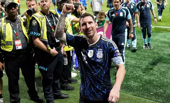 Argentina's Lionel Messi (10) reacts as he leaves the ground after their win in the World Cup semifinal soccer match between England and Argentina in Atlanta, Wednesday, July 15, 2026. (AP Photo/Jacob Kupferman)