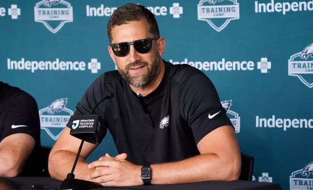 Philadelphia Eagles head coach Nick Sirianni talks to the media at the team's NFL football training camp in Philadelphia, Wednesday, July 29, 2026. (AP Photo/Chris Szagola)