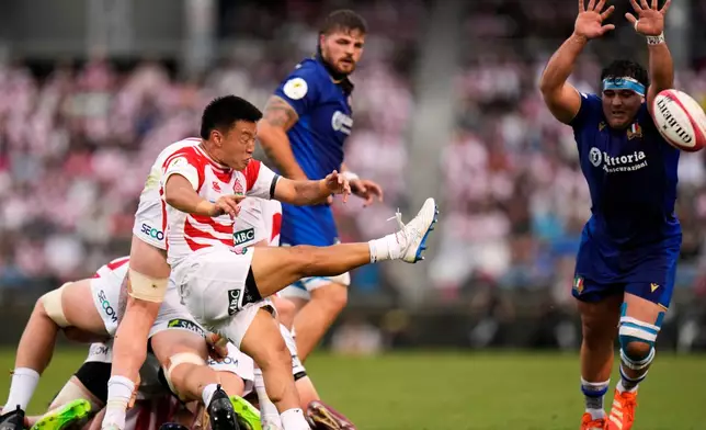Japan's Naoto Saito kicks the ball during the Nations Championship rugby match between Japan and Italy in Tokyo, Saturday, July 4, 2026. (AP Photo/Shuji Kajiyama)