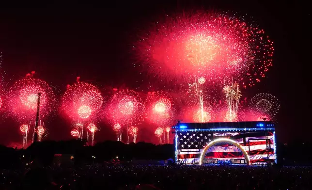 People watch fireworks at Salute to America, an Independence Day event honoring the nation's 250th anniversary, Sunday, July 5, 2026, on the National Mall in Washington. (AP Photo/Julia Demaree Nikhinson)