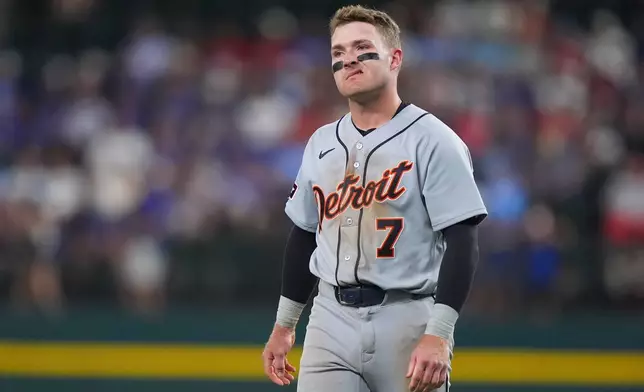 Detroit Tigers' Kevin McGonigle reacts after being left on base after the third out during the eighth inning of a baseball game against the Texas Rangers, Thursday, July 2, 2026, in Arlington, Texas. (AP Photo/LM Otero)