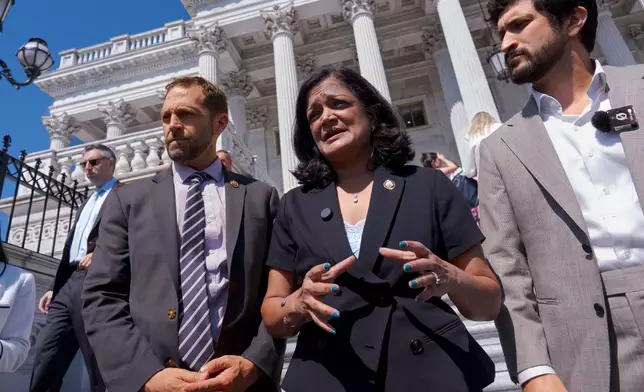 From left, Rep. Jason Crow, D-Colo., Rep. Pramila Jayapal, D-Wash., and Rep. Greg Casar, D-Texas, talk to reporters just after the House narrowly passed a resolution to halt U.S. military action in Iran, at the Capitol in Washington, Thursday, July 23, 2026. (AP Photo/J. Scott Applewhite)