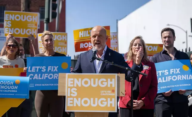 California Republican gubernatorial candidate Steve Hilton speaks during a campaign event on Wednesday, July 22, 2026, in Los Angeles. (AP Photo/Ethan Swope)