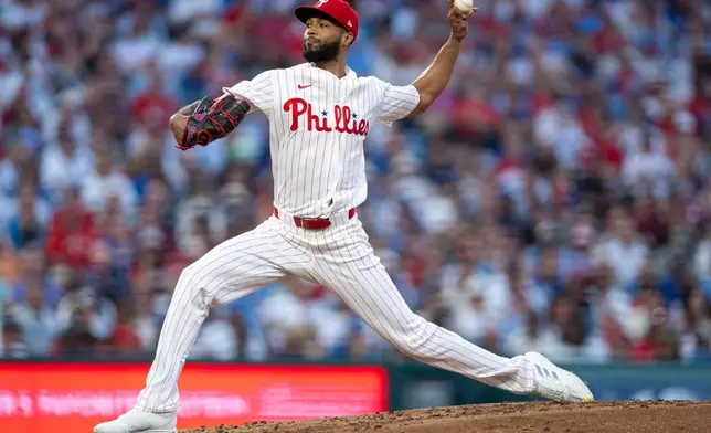 Philadelphia Phillies starting pitcher Cristopher Sanchez delivers during the third inning of a baseball game against the Los Angeles Dodgers, Monday, July 20, 2026, in Philadelphia. (AP Photo/Chris Szagola)