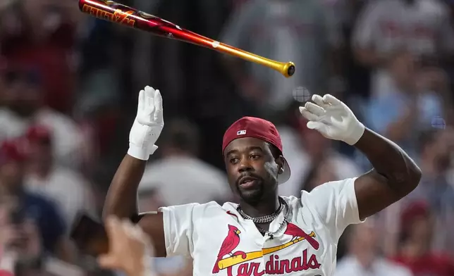 St. Louis Cardinals' Jordan Walker tosses the bat as he wins the MLB baseball All-Star Home Run Derby, Monday, July 13, 2026, in Philadelphia. (AP Photo/Matt Slocum)