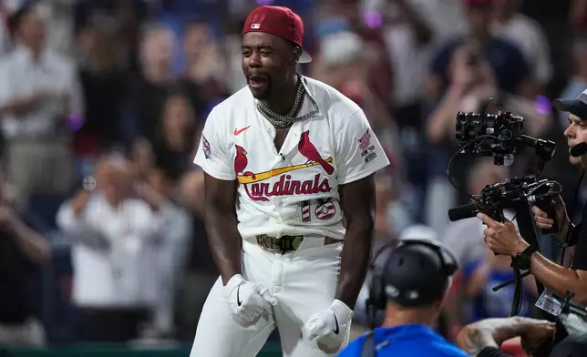St. Louis Cardinals' Jordan Walker celebrates winning the MLB baseball All-Star Home Run Derby, Monday, July 13, 2026, in Philadelphia. (AP Photo/Matt Slocum)