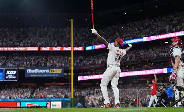 St. Louis Cardinals' Jordan Walker reacts as he wins the MLB baseball All-Star Home Run Derby, Monday, July 13, 2026, in Philadelphia. (AP Photo/Matt Rourke)