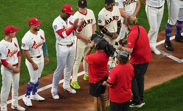 St. Louis Cardinals' Jordan Walker is introduced ahead of the MLB baseball All-Star Game between the American League and National League, Tuesday, July 14, 2026, in Philadelphia. (AP Photo/Matt Rourke)