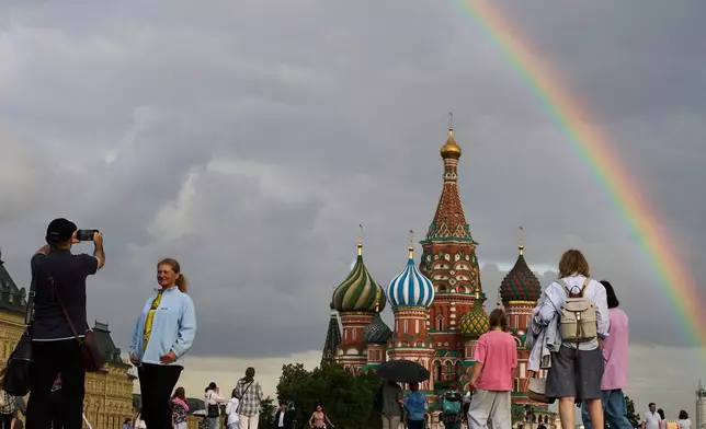 A rainbow stretches over a section of Red Square in Moscow, Thursday, July 23, 2026. (AP Photo/Alexander Zemlianichenko)