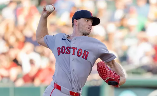 Boston Red Sox pitcher Sonny Gray throws to the Athletics during the first inning of a baseball game Thursday, July 30, 2026, in West Sacramento, Calif. (AP Photo/Sara Nevis)