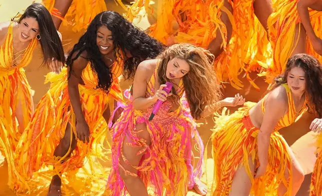 Shakira performs during halftime during the World Cup final soccer match between Spain and Argentina in East Rutherford, N.J., near New York, Sunday, July 19, 2026. (AP Photo/Matt Slocum)