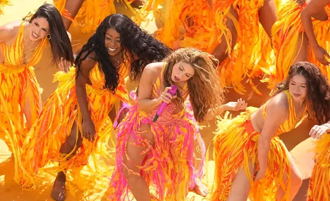 Shakira performs during halftime during the World Cup final soccer match between Spain and Argentina in East Rutherford, N.J., near New York, Sunday, July 19, 2026. (AP Photo/Matt Slocum)