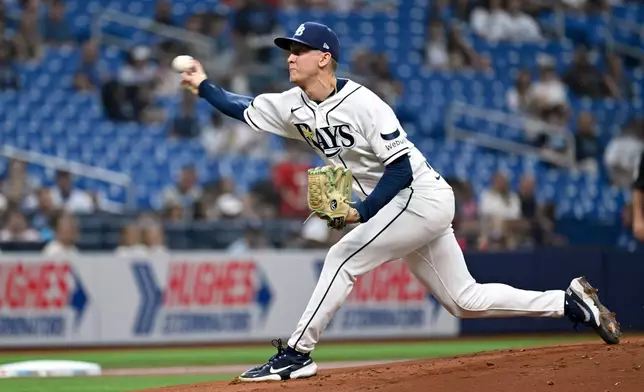 Tampa Bay Rays pitcher Casey Legumina throws during the first inning of a baseball game against the Texas Rangers Wednesday, July 29, 2026, in St. Petersburg, Fla. (AP Photo/Jason Behnken)