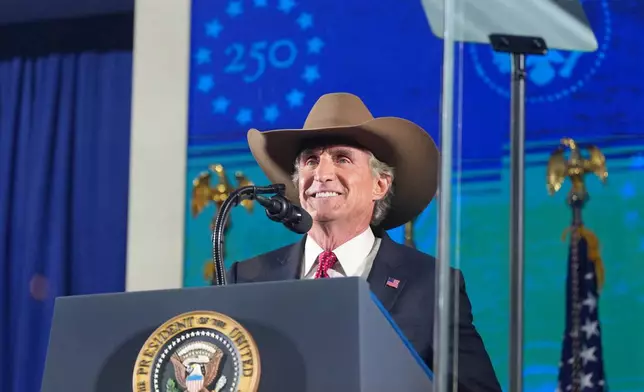 Interior Secretary Doug Burgum speaks at Mount Rushmore National Memorial, Friday, July 3, 2026, near Keystone, S.D. (AP Photo/Alex Brandon)