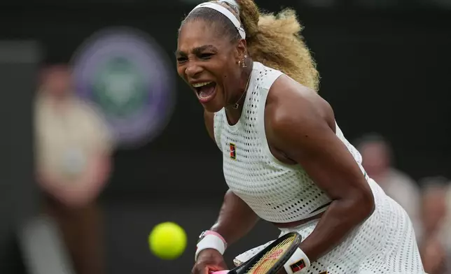 Serena Williams of the United States reacts after a point against Maya Joint of Australia in their first round women's singles match at the Wimbledon Tennis Championships in London, Tuesday, June 30, 2026. (AP Photo/Maja Smiejkowska)