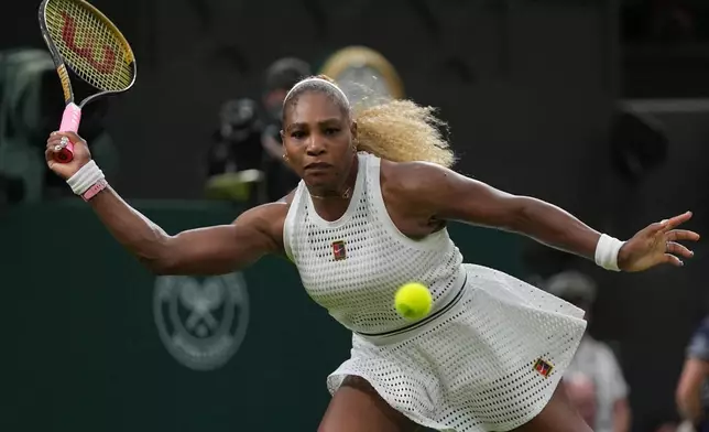 Serena Williams of the United States returns the ball to Maya Joint of Australia in their first round women's singles match at the Wimbledon Tennis Championships in London, Tuesday, June 30, 2026. (AP Photo/Maja Smiejkowska)