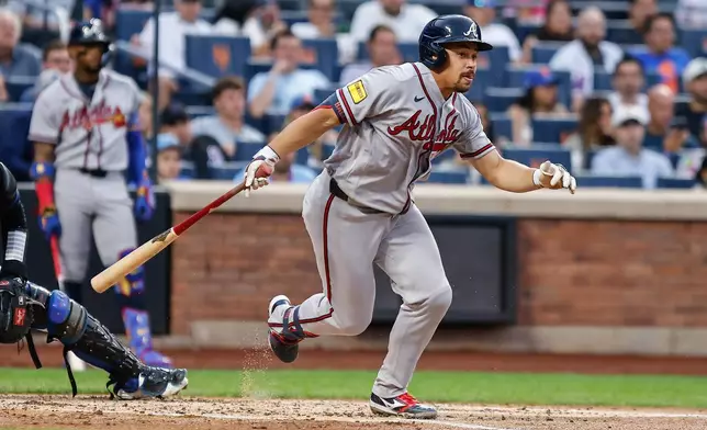 Atlanta Braves' Drake Baldwin runs to first base during the third inning of a baseball game against the New York Mets Wednesday, July 29, 2026, in New York (AP Photo/Eduardo Munoz Alvarez)