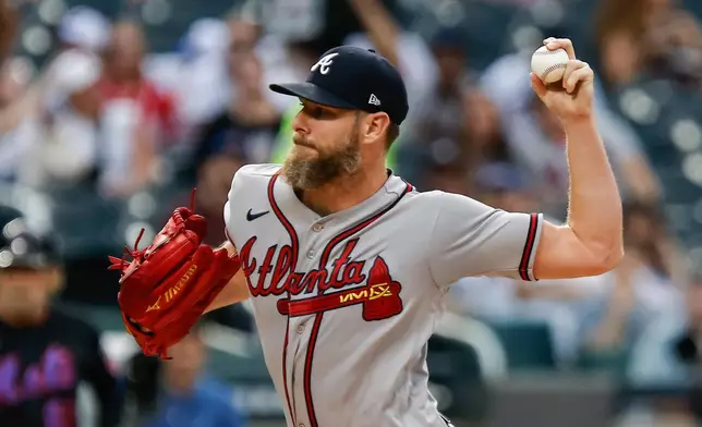 Atlanta Braves' Chris Sale pitches during the first inning of a baseball game against the New York Mets Wednesday, July 29, 2026, in New York (AP Photo/Eduardo Munoz Alvarez)