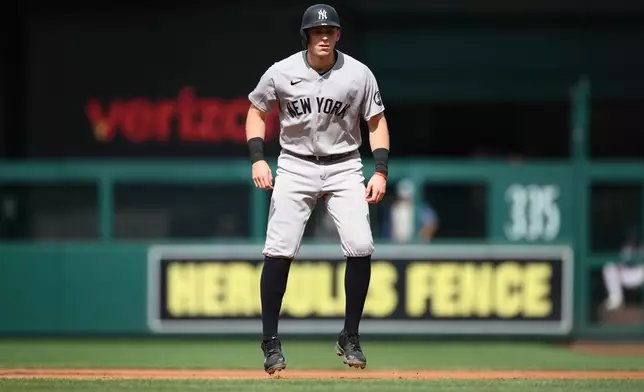 New York Yankees' Ben Rice takes a lead from first base during the first inning of a baseball game against the Washington Nationals, Saturday, July 11, 2026, in Washington. (AP Photo/Nick Wass)