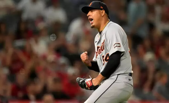 Detroit Tigers pitcher Keider Montero celebrates after Los Angeles Angels' Denzer Guzman was thrown out at first to end the game during the ninth inning of a baseball game Friday, July 17, 2026, in Anaheim, Calif. (AP Photo/Mark J. Terrill)