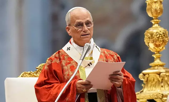 Pope Leo XIV delivers his message as he celebrates a Mass where he confers the pallium on newly appointed metropolitan archbishops, in St. Peter's Basilica, at the Vatican, Monday, June 29, 2026. (AP Photo/Alessandra Tarantino)