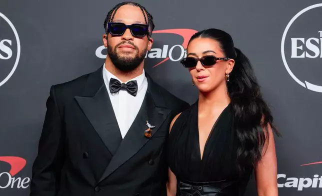 Jalen Brunson and Ali Brunson arrive at the ESPY Awards at Lincoln Center on Wednesday, July 15, 2026, in New York. (AP Photo/Yuki Iwamura)