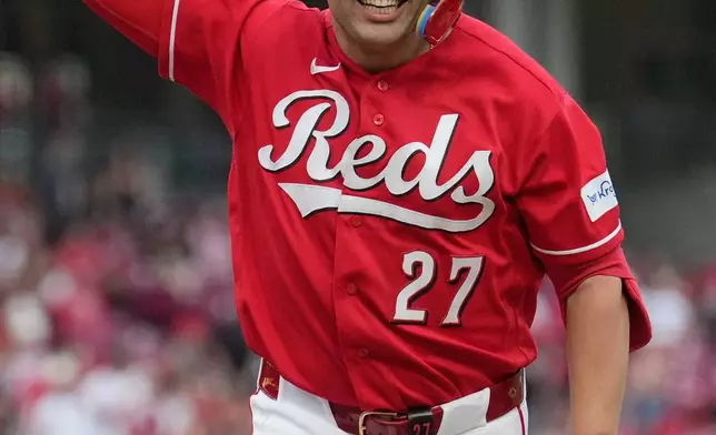 Cincinnati Reds' Sal Stewart celebrates after hitting a solo home run during the fourth inning of a baseball game against the Philadelphia Phillies in Cincinnati, Wednesday, July 8, 2026. (AP Photo/Carolyn Kaster)