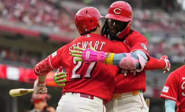 Cincinnati Reds' Elly de la Cruz, right, celebrates with Sal Stewart, left, after hitting a two-run homer during the fourth inning of a baseball game against the Philadelphia Phillies in Cincinnati, Wednesday, July 8, 2026. (AP Photo/Carolyn Kaster)
