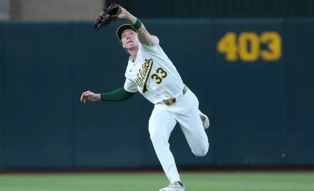 Athletics center fielder Henry Bolte catches a fly ball for the out during the fifth inning of a baseball game against the Miami Marlins Friday, July 3, 2026, in West Sacramento, Calif. (AP Photo/Scott Marshall)